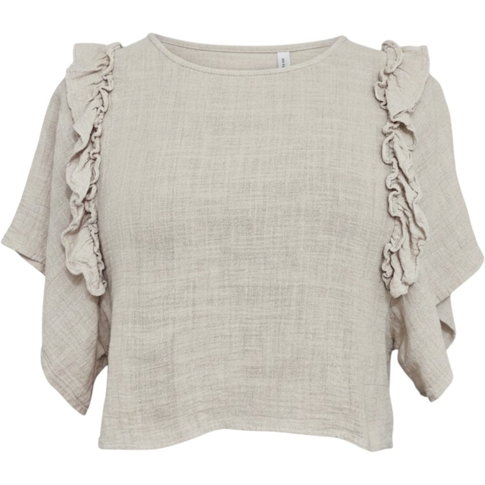 Pink Lily Ruffle Shoulder 100% Cotton Gauze Crop Top Beige Boho Granola Natural